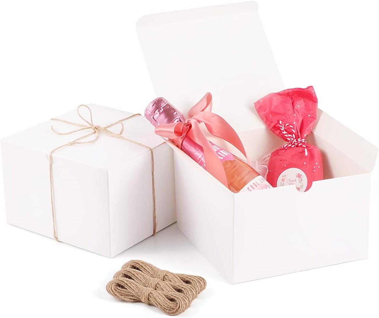 6x6x4 White Paper Gift Boxes with Lids & 98ft Twine – 20 Pack Recyclable Boxes for Gifts, Cupcakes, Crafts, Bridesmaid Proposal, Wedding Party, and DIY Projects (White)